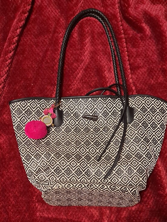 Neiman Marcus Handbags - Nieman Marcus Black & White Geometric Tote Bag with Pink Pom Accent